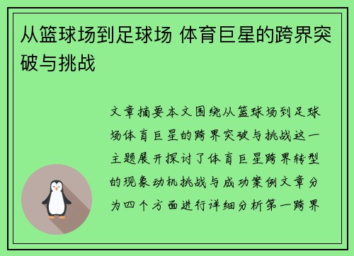 从篮球场到足球场 体育巨星的跨界突破与挑战